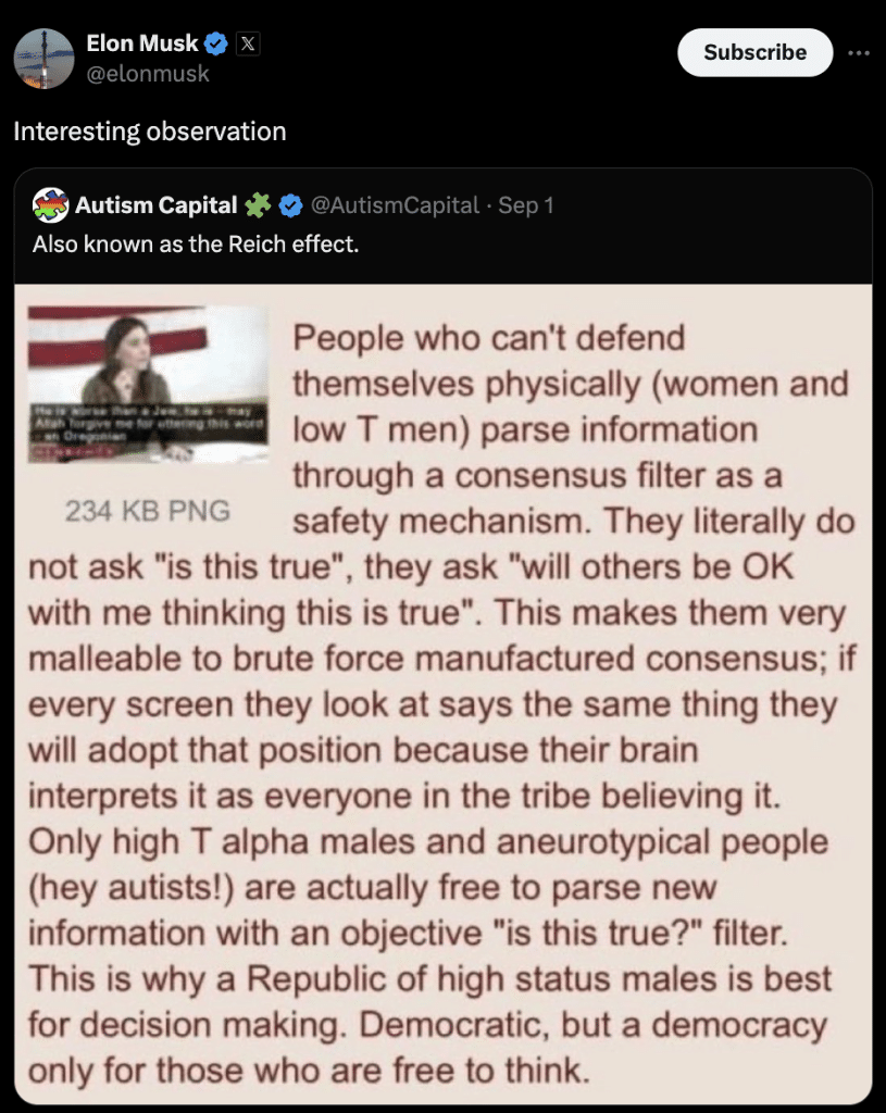 Elon Musk replies to a twitter post calling for a "Republic of high status males."